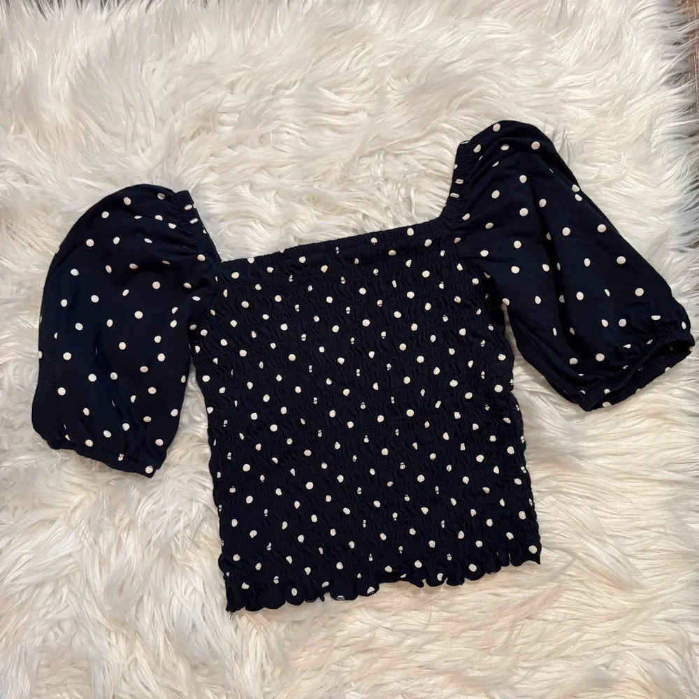GAP Kids Girls Smocked Top L Blue Polka Dot Puff Sleeve‎ Square Neck Blouse